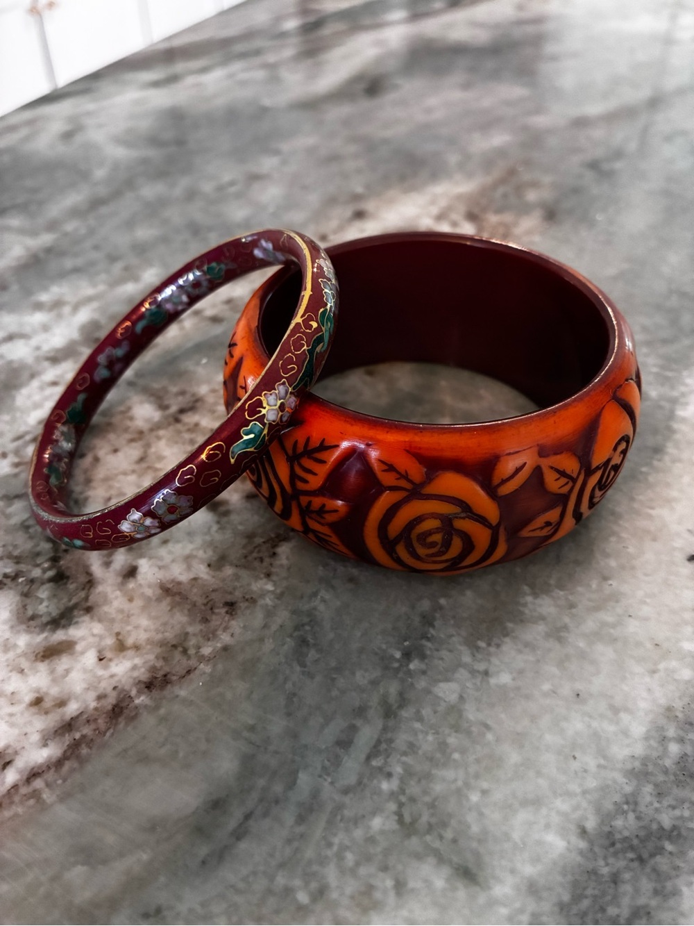 Set Vintage carved Orange Floral Bangle and vintage Cloisonné bangle
